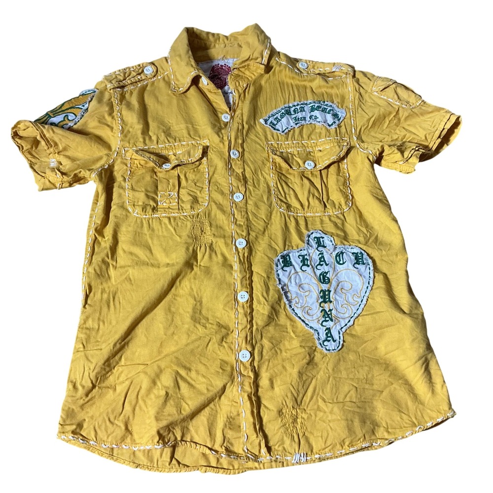 Y2K Laguna Beach Jean Co Mens Yellow Contrast Stitch Fleur De Lis Patch Shirt M